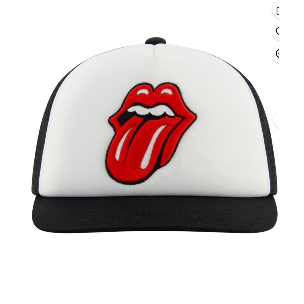 The Rolling Stones Men's Trucker-Style Snapback Hat, Classic Logo on White Crown